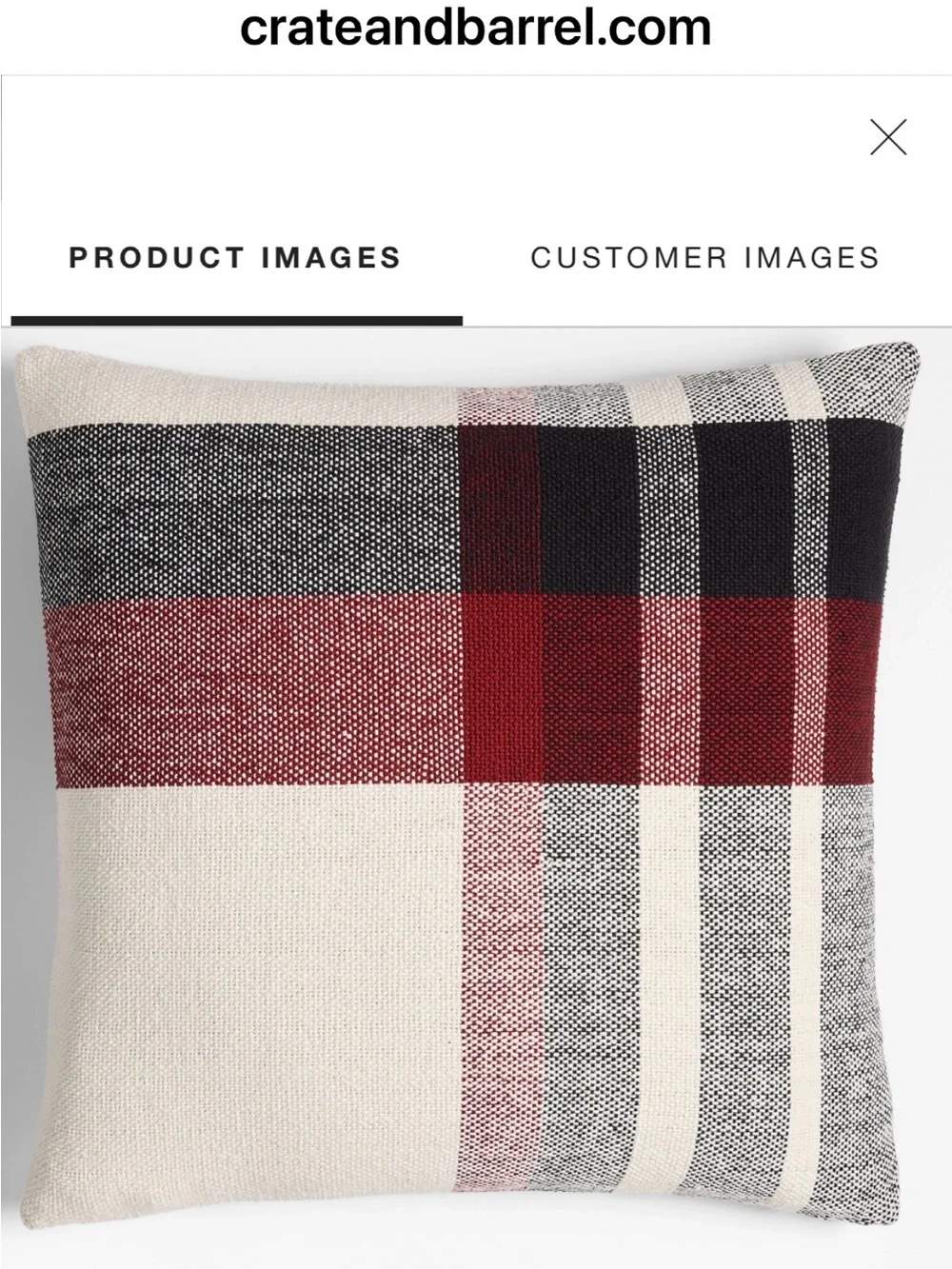 Crate&Barrel Red, Black and Cream Plaid Accent Pillow
